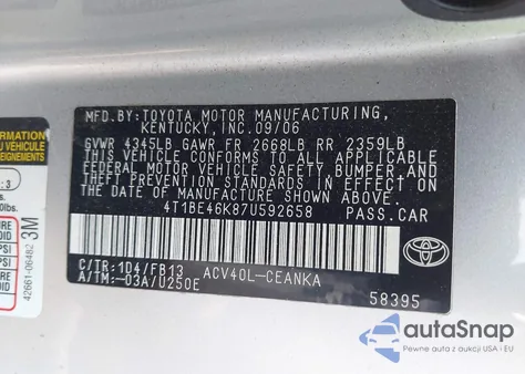 2007 Toyota Camry Le z USA, uszkodzony, nr VIN 4T1BE46K87U592658